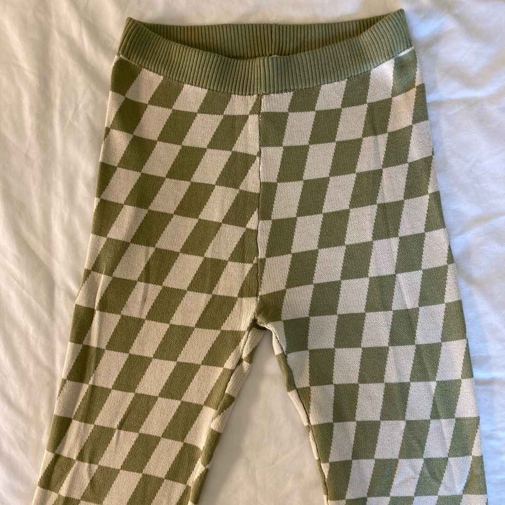 Green and Cream Checker Flare Pants